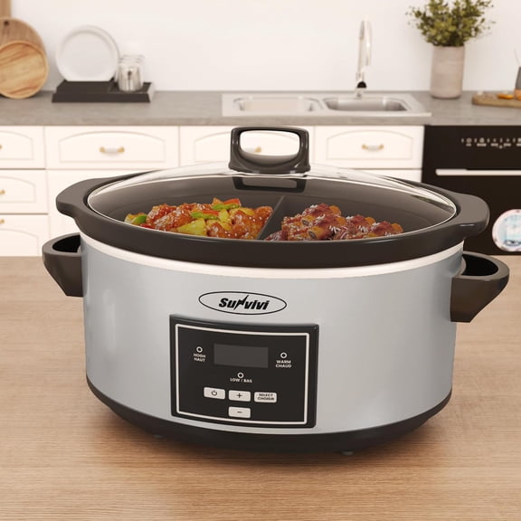 Sunvivi 6 Quart Programmable Slow Cooker with 2 in 1 Silicone Liners, Multi-Cooker Food Warmer with Digital Timer, Adjustable Temperature Control, Dishwasher Safe Parts, Silver