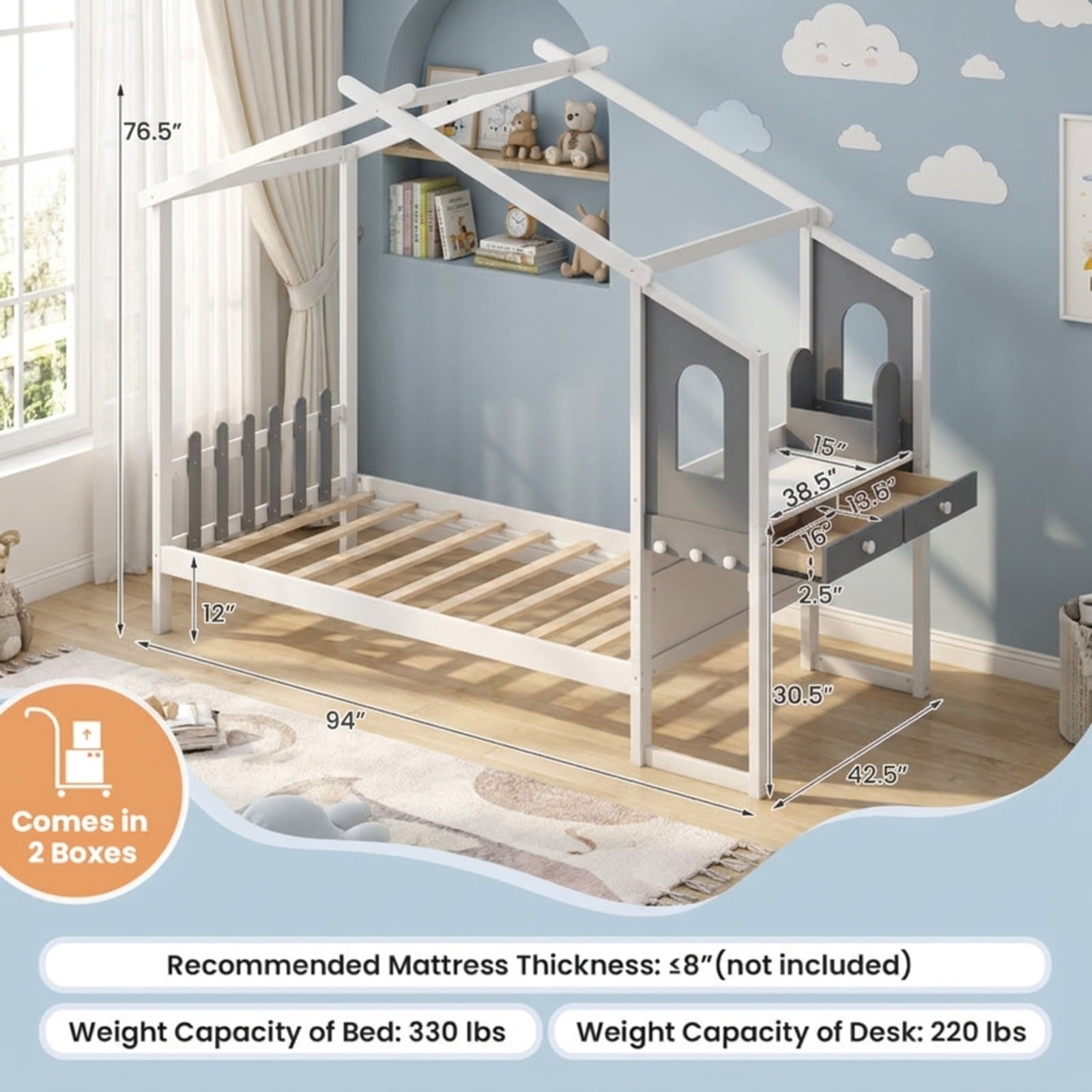 Furnibear Full Size Kids House Bed Frame with Roof Canopy Fence and Storage Desk for Kids Bedroom, White and Gray