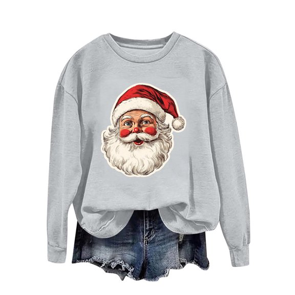 asdoklhq Christmas Sweatshirts for Women's Round Neck Printed Loose Fitting Long Sleeve Hoodless Sweatshirts Gray XL