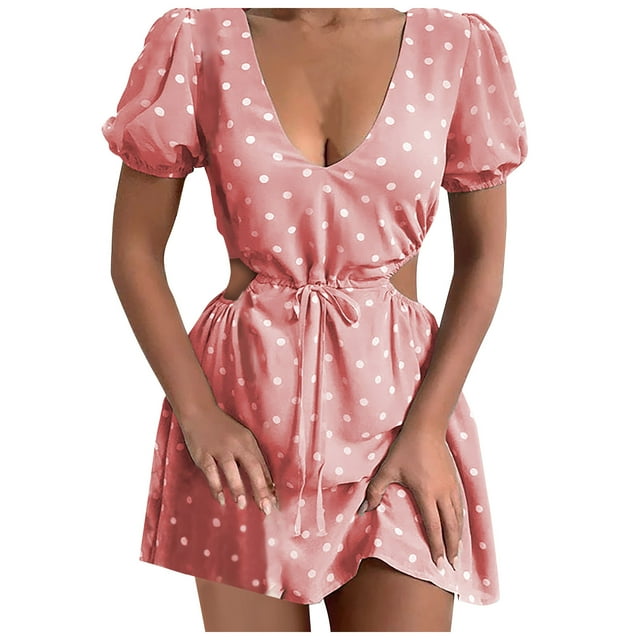 Robe Mode Femme Sexy à Pois Col en V Taille Creuse Manches Courtes Mini Robe