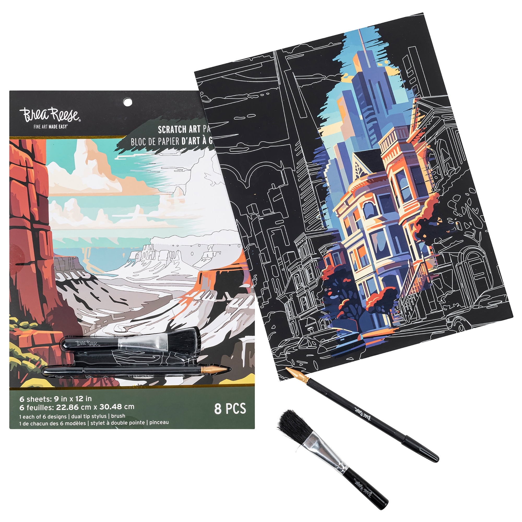 Brea Reese: Scratch Art Paper Pad - Destinations - 6 Designs, Metallic Guided Art, Dual-Tip Stylus & Brush, Easy-to-Frame 9x12" Pages, Adult Craft Kit