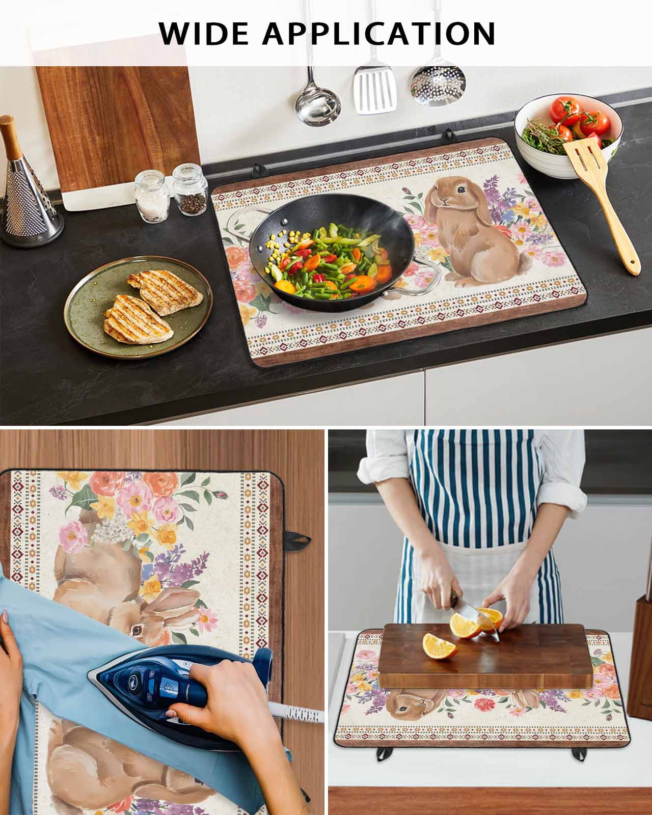 Large Induction Cooktop Protector Mat Bunny Stove Top Covers for Electric Stove, Spring Floral Pastoral Rabbits Farmhouse Wooden Decorative Stove Burner Cover Mats, Glass Top Stove Cover
