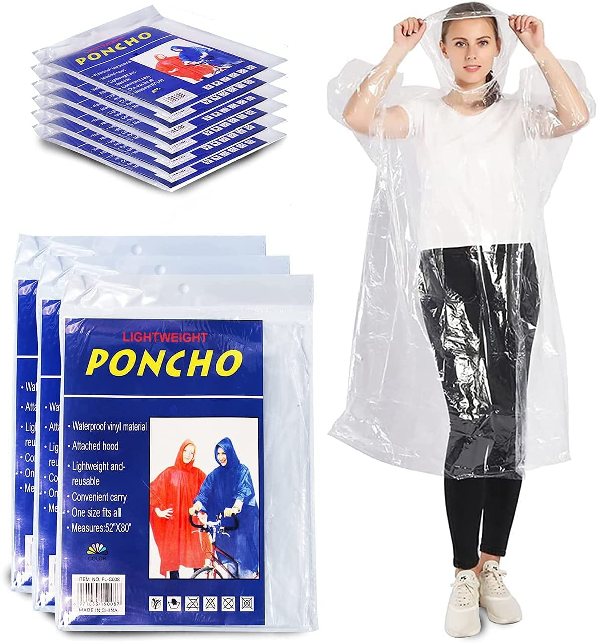Clear Transparent Bulk Poncho Raincoats, Plastic, Disposable and Reusable, Wholesale Ponchos (10 Pack Clear)