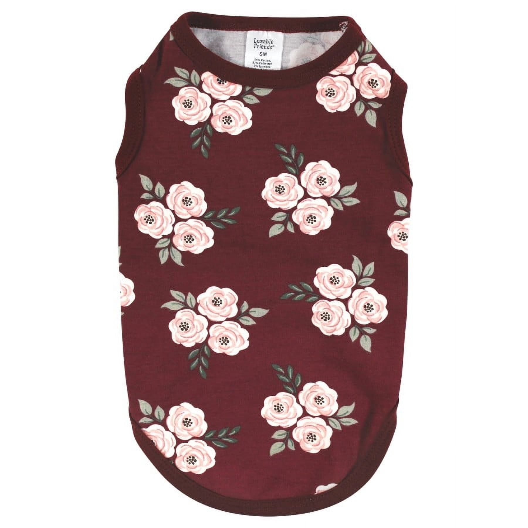 Luvable Friends Dog Pet Dog and Cats Cotton T-Shirts 2pk, Burgundy Floral Botanical, Large