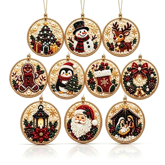 10PC Christmas Pearl Diamond Painting Hanging Ornament Art Kit for Adult Hemp Rope Included, Holiday Tree Decor
