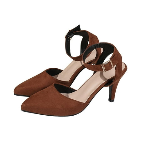 hopeusnice Clearance Women s Ankle Strap High Heels Pointed Toe Buckle Dress Shoes Suede Elegant Party Wedding Comfortable Footwear Khaki 39