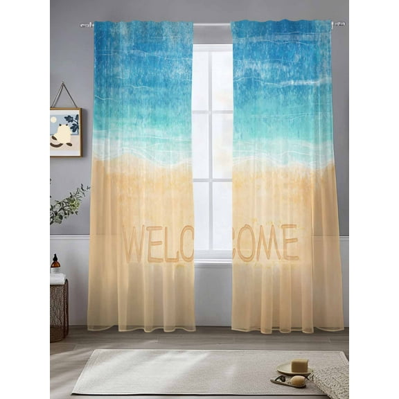 Blue Beige Ombre Sheer Curtains for Living Room Bedroom Coastal Nautical Summer Beach Welcome Sheer Curtains 84 Inch Long 2 Panels Set Light Filtering Curtain Window Treatments Drapes for Dining Room