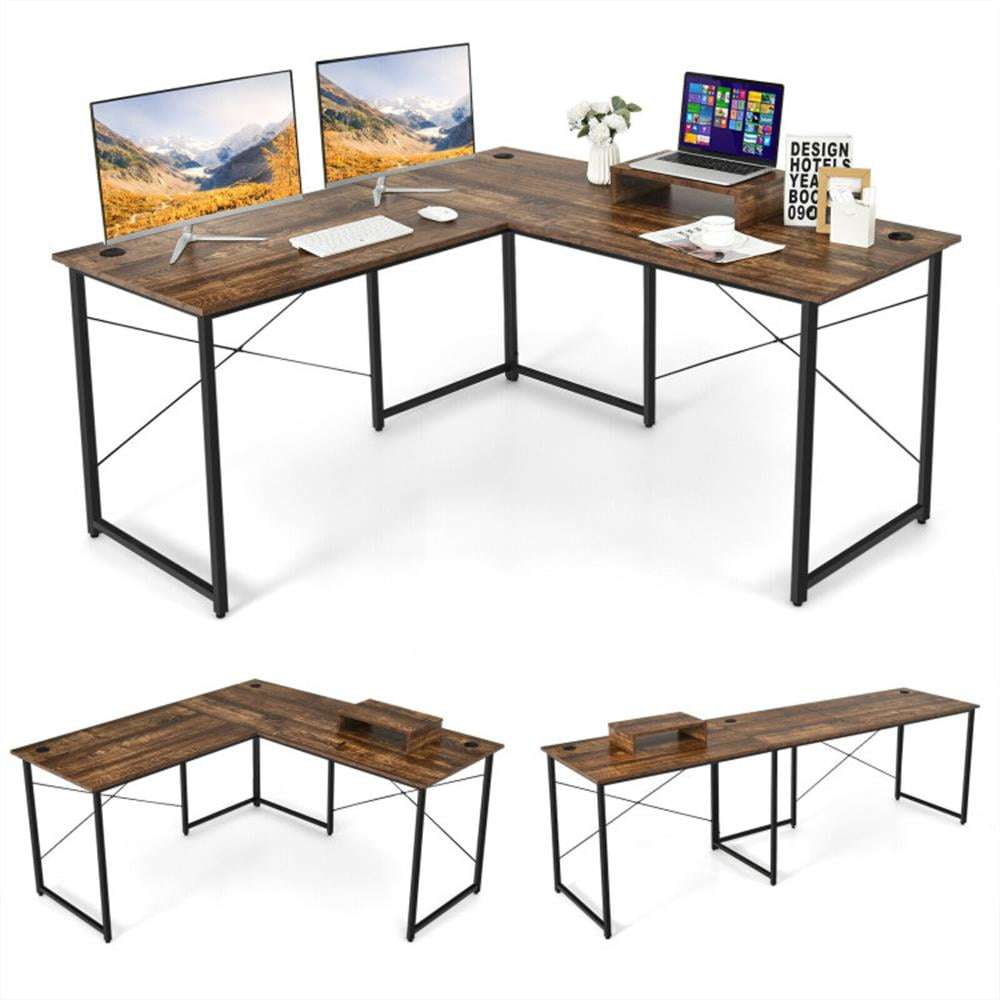 Demi Bonn 95" 2-Person L-Shaped Long Reversible Computer Desk with Monitor Stand, Small Home Office Desk Study Writing Table, Rustic Brown