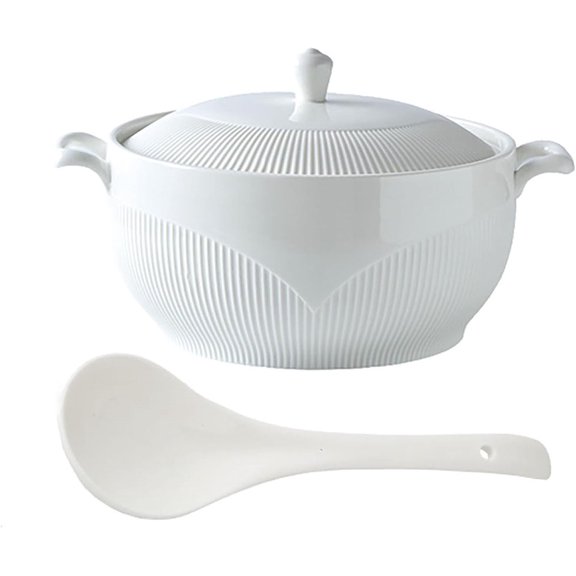 White Tureen with 2 Handles, Porcelain Soup Tureens with Lid and Spoon Serving Bowls for Kitchen Microwave,White,S
