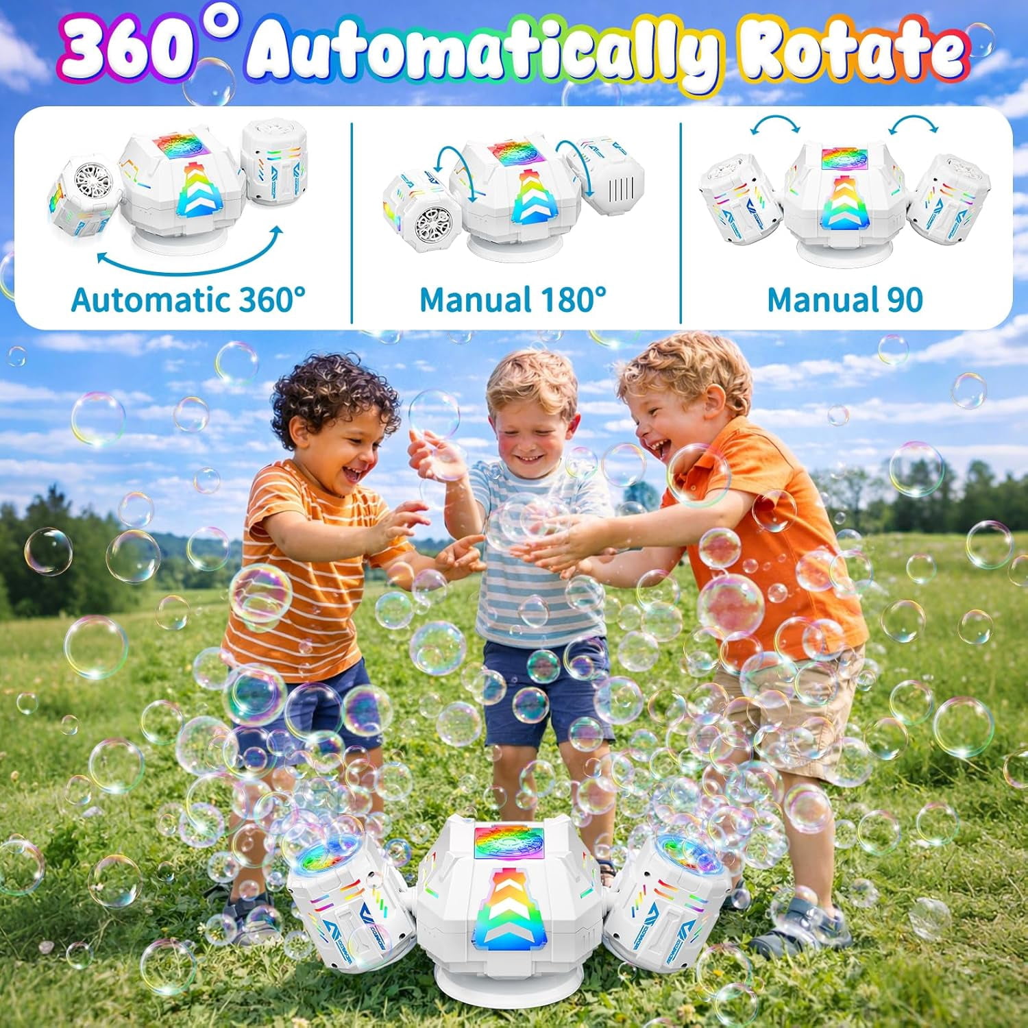 Bubble Machine, Rechargeable Bubble Maker with 360 ° Automatic Rotation & 9 LED Light, 30000+ Bubbles Blower Machine, Birthday Parties, Wedding, Indoor, Outdoor Activities