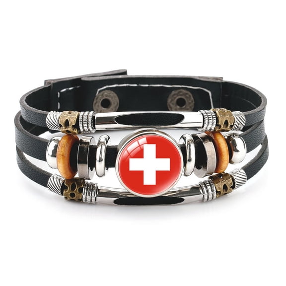 Uijokdef Country Flag Leather Bracelet, Multi-Layer Black Cowhide Design, 7.87 Inches