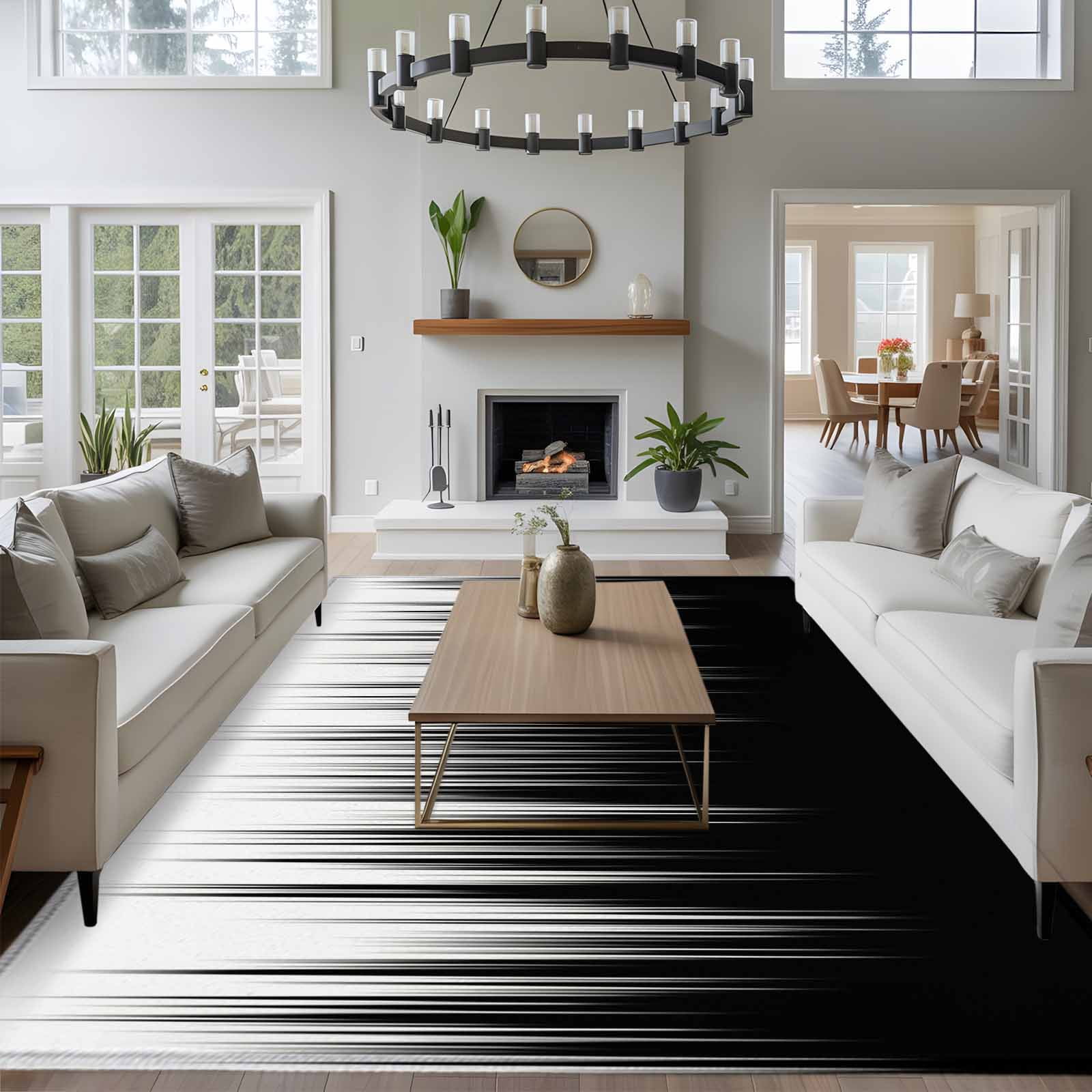 Rectangle Area Rugs 6 x 9 Ft, Black White Non-Slip Residential Carpet, Modern Geometric Abstract Gradient Striped Indoor Crawling Mats Runner Rugs for Living Room/Dining Room/Bedroom