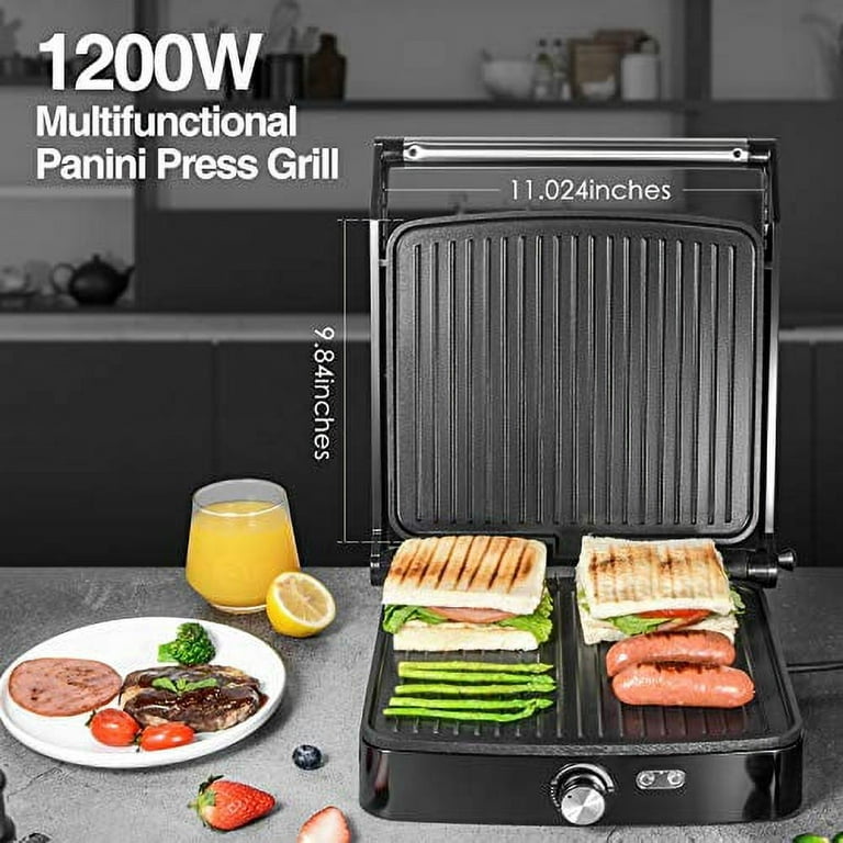 VEVOR Commercial Sandwich Panini Press Grill 1800-Watt Single Full Grooved Plates Stainless Steel Sandwich Maker, Silver