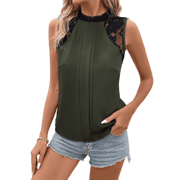 Blusas Sin Mangas de Encaje para Mujer, Blusas Plisadas de Verano 2025, Blusas Elegantes e Informales Sin Mangas. Verde S