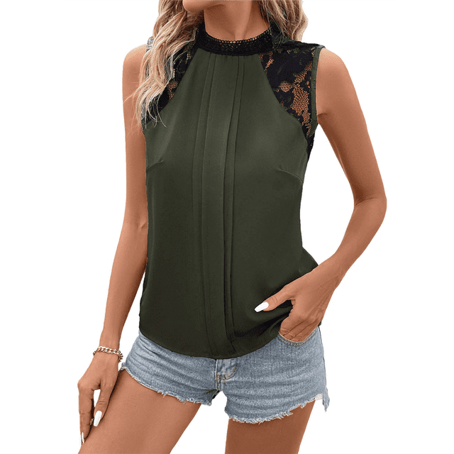 Blusas Sin Mangas de Encaje para Mujer, Blusas Plisadas de Verano 2025, Blusas Elegantes e Informales Sin Mangas. Verde S