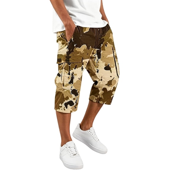 Resicozy Mens Camo Cargo Shorts Below Knee Length Plus Size Summer Elastic Waist Work Hiking Tactical Shorts with Multi Pockets Yellow L