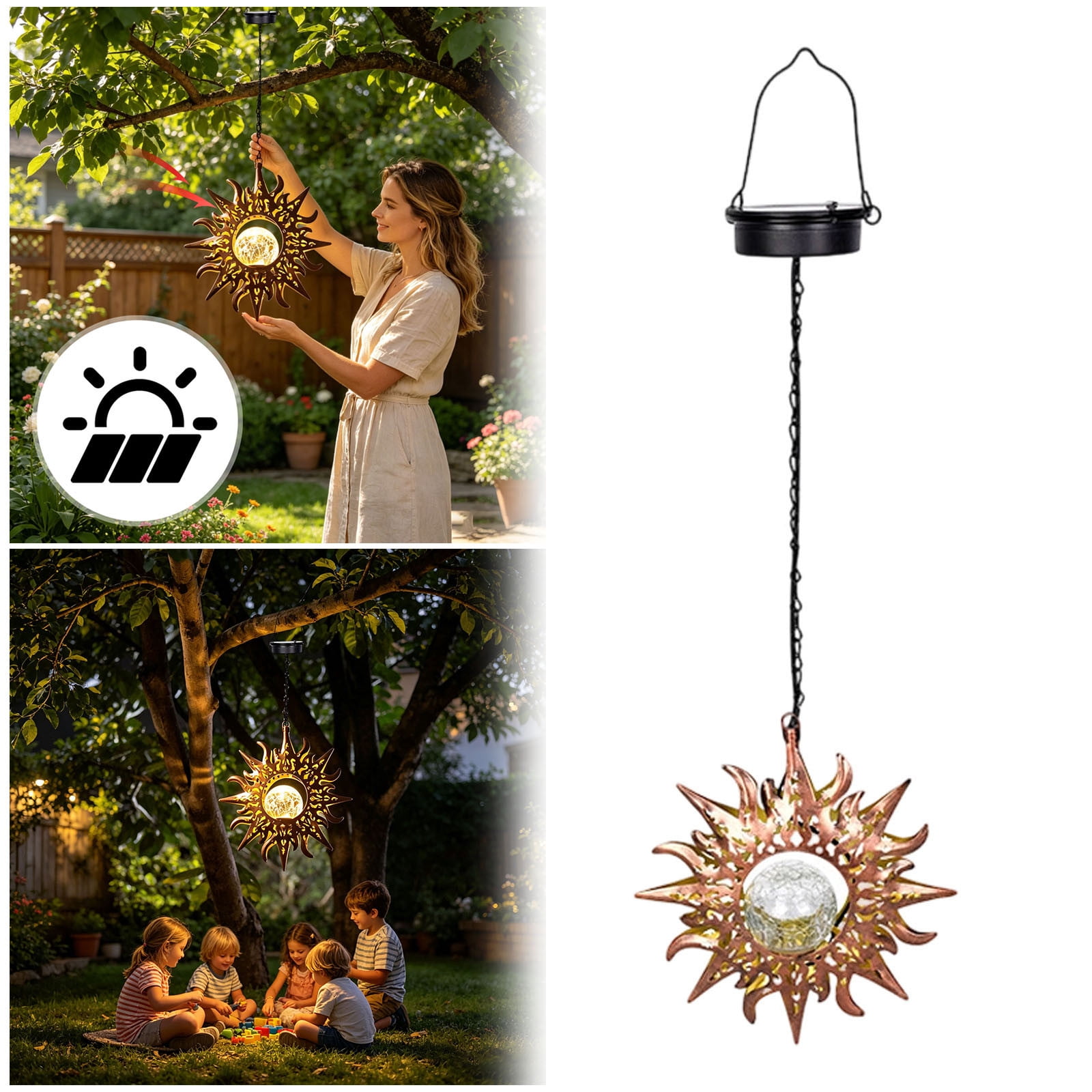 Outdoor Hanging Solar Lights, Garden Decorative Solar Chandeliers 2D Acrylic Hot Air Balloon Shape with Flickering Flame Effect for Patio Porch Wedding Terrace