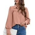 thumbnail image 3 of SWSMCLT Women's Long Sleeve Blouse Lantern Sleeve Ruched Casual Button Thin Button Up Shirt Mandarin Collar Top Pink Large, 3 of 5