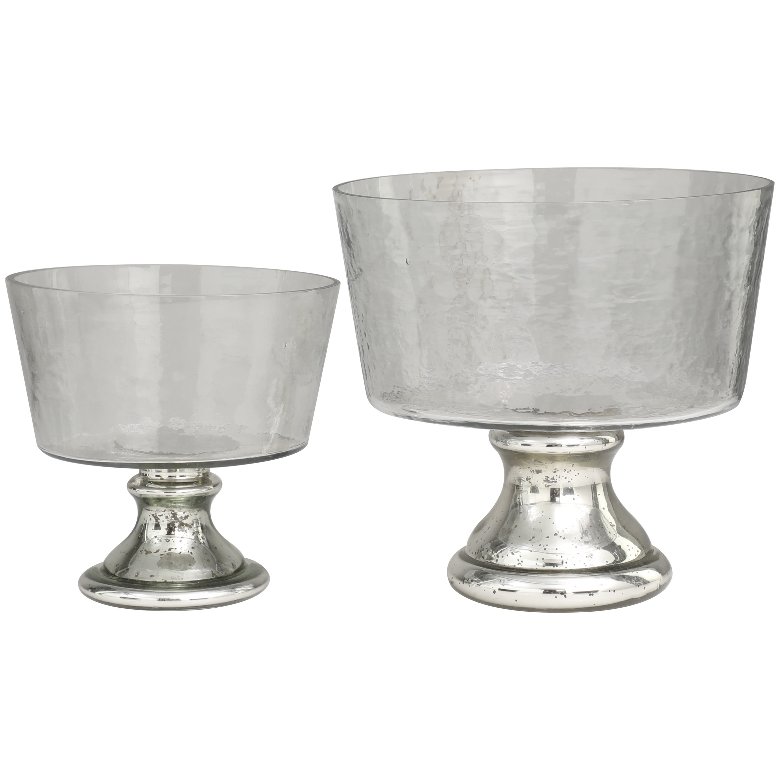 DecMode 10", 8"H Round Smokey Silver Glass Decorative Bowl with Mercury Glass Pedestal Base, Set of 2