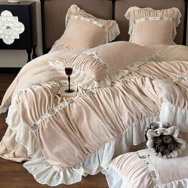 Princesa Ruffled Engrosada Cálido Terciopelo de Leche Encaje Ropa de Cama de Invierno Set