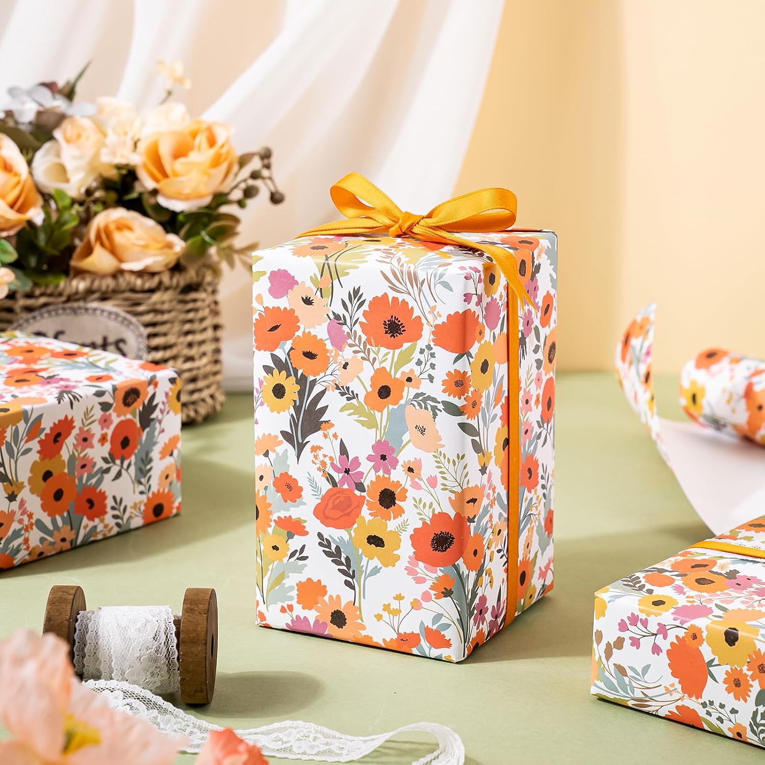 AllWays Plaza Kraft Floral Wrapping Paper Roll - Mini Roll - 17 Inch x 33 Feet - Bright Summer Flower Wrapping Paper, Perfect for Wedding, Birthday, Bridal Shower, Tea Party