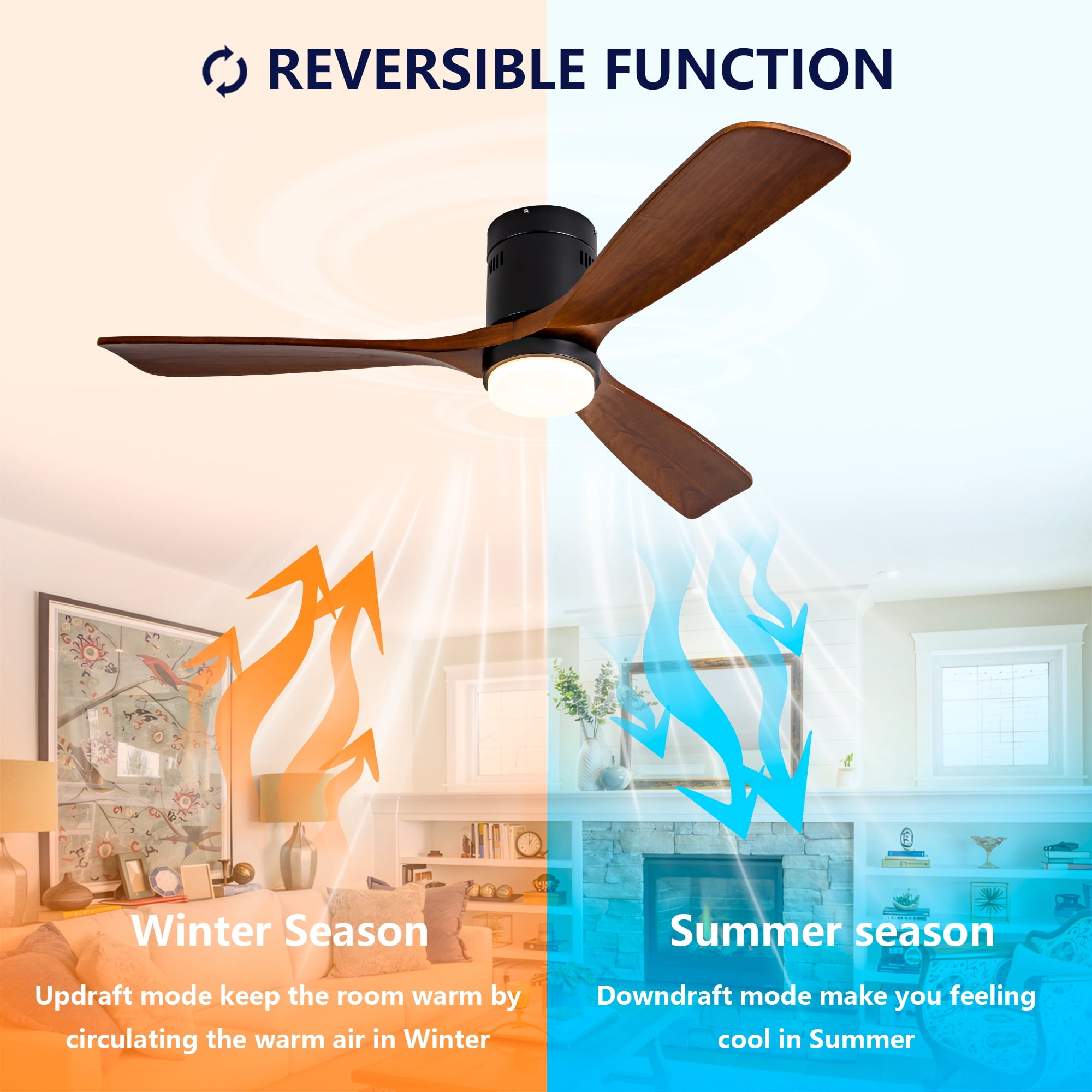 Ceiling Fan with Lights, 52 Inch Flush Mount Remote Control Wood Blades Ceiling Fan for Bedroom Farmhouse Indoor, Black