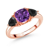 Gem Stone King 18K Rose Gold Plated Silver Purple Amethyst and Black Onyx 3 Stone Engagement Ring for Women (2.12 Cttw, Gemstone February Birthstone, Available in Size 5, 6, 7, 8, 9)