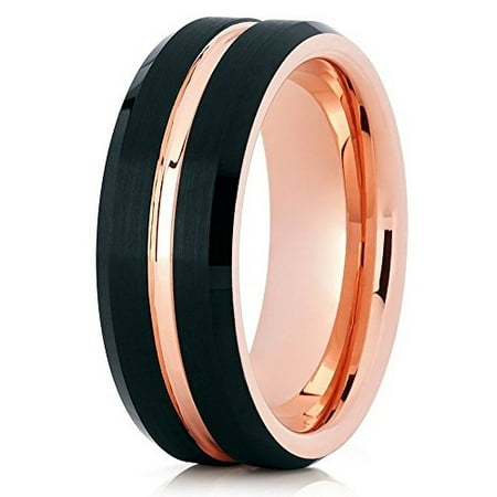 Tungsten Rose Gold Tungsten Wedding Band 18K Rose Gold Tungsten Ring 8mm Black Tungsten Band Men & Women Brushed Comfort Fit ()