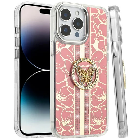 For iPhone 14 PRO MAX 6.7" Splendid Floral Designs with Metal Camera and Buttons with Butterfly Ring Stand Hybrid Case - Light Pink