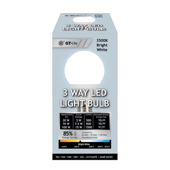 GT Lite 1500 Lumen LED A19 3-Way Bulb, 30/70/100-Watt Equivalent E26