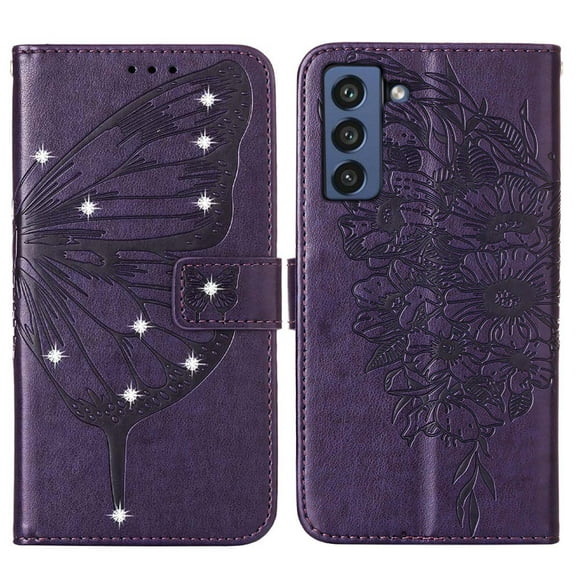 Dteck For Samsung Galaxy S21 FE Flip Wallet Stand Case,360 Protection Shockproof Luxury Diamond Embossed Butterfly PU Leather Hand Strap Cover.For Samsung Galaxy S21 FE,Purple