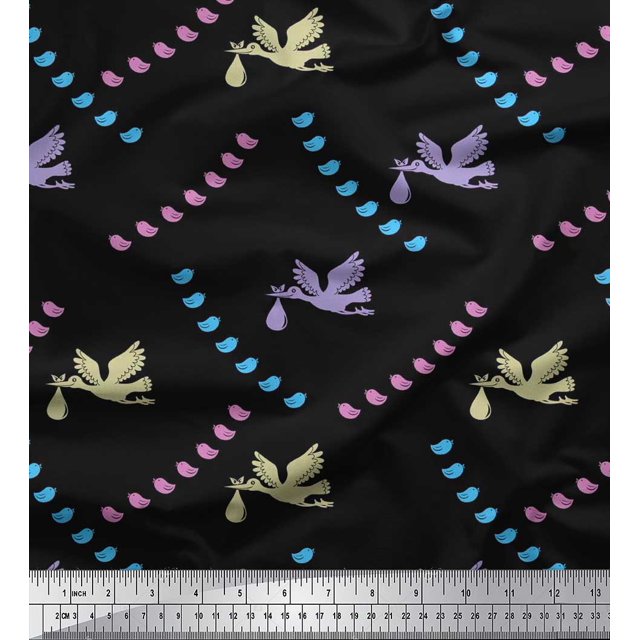 Soimoi Silk Fabric Small Bird,Fish & Heron Bird Fabric Prints by Yard 42 Inch Wide