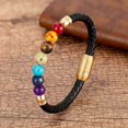 thumbnail image 2 of Pulsera de cuentas de chakra redondas naturales para hombre, clásica, de cuero genuino negro, de acero inoxidable, joyería de moda para mujer, 2 of 4