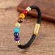 thumbnail image 2 of Pulsera de cuentas de chakra redondas naturales para hombre, clásica, de cuero genuino negro, de acero inoxidable, joyería de moda para mujer, 2 of 4