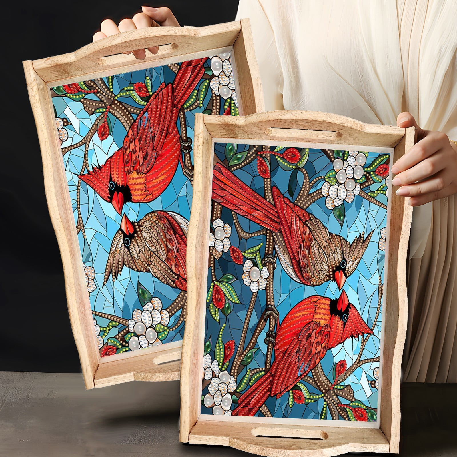 FLOPESN DIY Diamond Art Painting Handmade Wooden Tray,Creative Design Serving Dinner Plate for Coffee Living Room Home Organizer-Cardinal