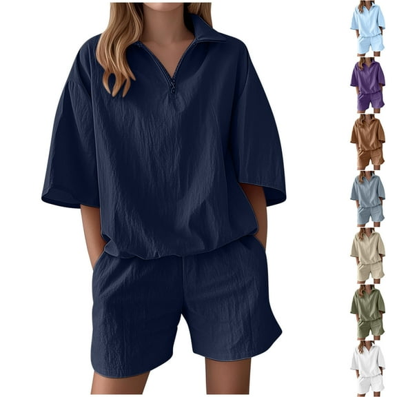 Jinhomg Two Piece Sets for Women Summer Solid Color Lounge Sets Zip Up Laple Short Sleeve Shorts Jogger Sets Sky Blue,S