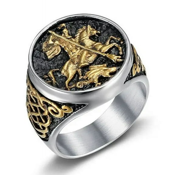 Vintage Catholic Angel Michael Dragon slaying Ring For Men Women Punk 14K White Gold Knight Saint Michael Protect Jewelry