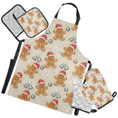 Ryvnso Gingerbread Man Snowflake Bell Pattern Kitchen Apron Oven Mitts Set Pot Holders