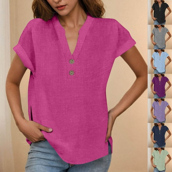 Tops básicos para mujer,Blusa de algodón con cuello en V para mujer, manga corta, dobladillo abotonado, informal, para uso diario y en casa, sopatenor