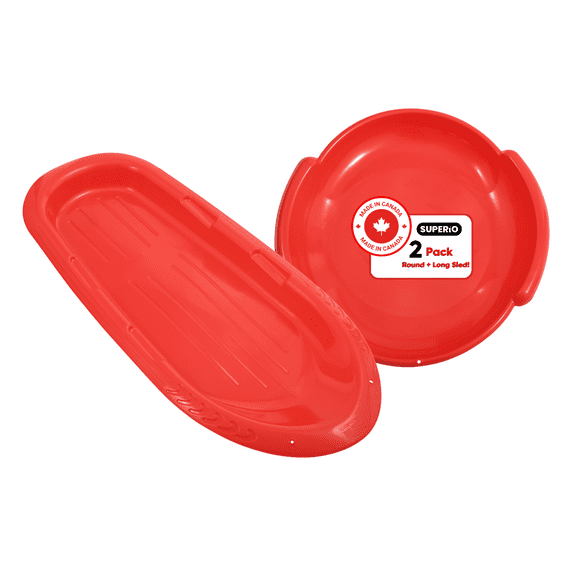 Superio 24" Round Saucer Snow Sled and 48" Toboggan Snow Sled for Kids and Adults, 2 Pack Red
