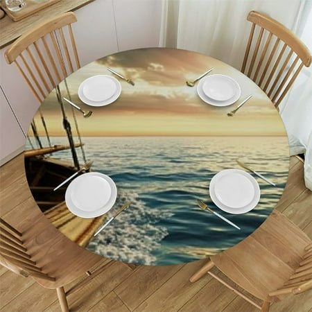 

Sheronv Boat Ocean Sun Round Table Cover Stain Resistant Washable Indoor Outdoor Tablecloth Kitchen Dining Wedding Parties 100% Polyester Elastic Edge 54 -58