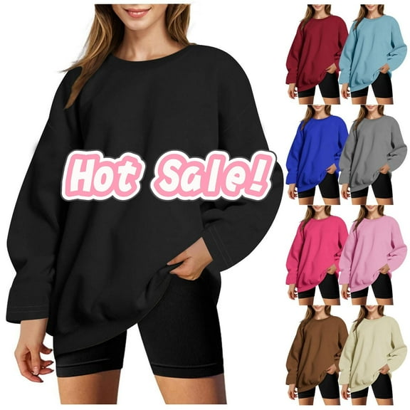 Taqqpue Womens Plus Size Sweatshirts Casual Solid Color Crewneck Long Sleeve Hoodies Tops Fall Fashion Outfits T Shirts Pullover