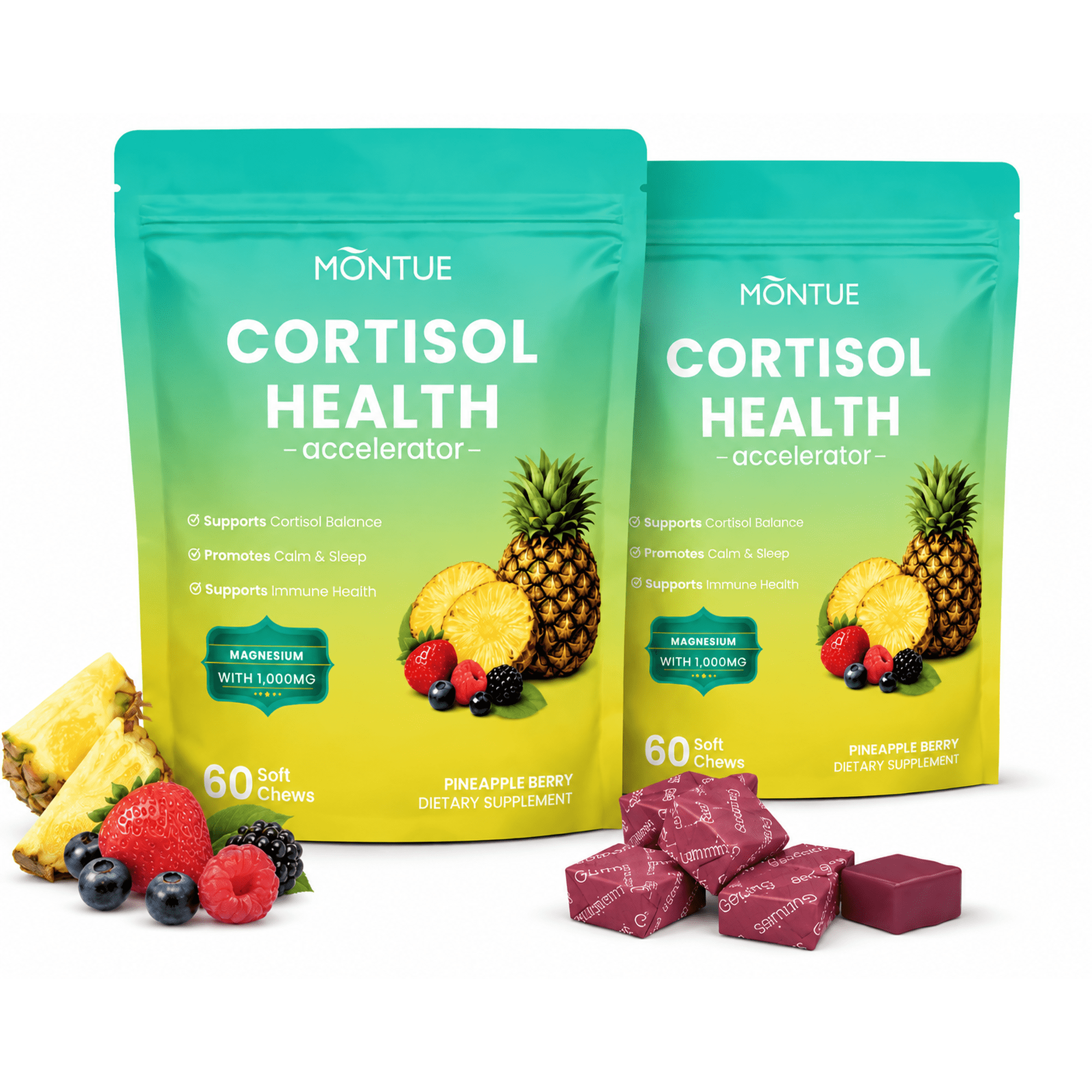 Montue Cortisol Gummies for Adults, 1000mg Magnesium Complex, Ashwagandha 500mg & L-Theanine 600mg, Calm, Sleep & Stress Support, Pineapple Berry Soft Chews, 60 Count (Pack of 2)