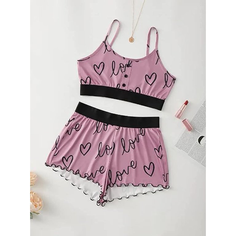 Cartoon Graphic Cami Top & Heart Print Shorts PJ Set