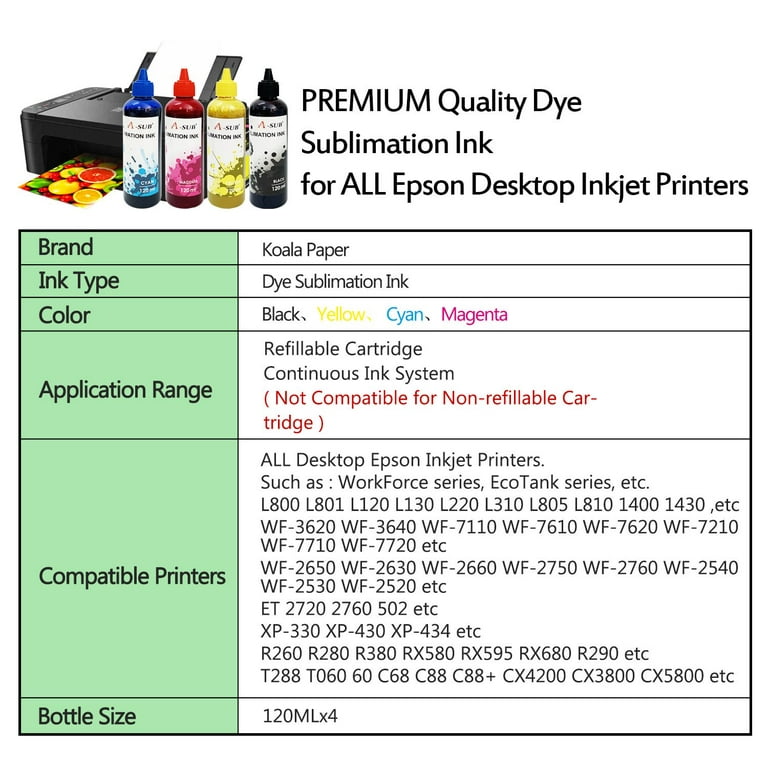 Bundle Kit I A SUB Sublimation Paper 8.5X11 125g 100 Sheets + 400ml Sublimation  Ink Epson Printers ET 2803 2800 4800 2720 2760 DIY Gifts, Heat Transfer  T-shirts,Mugs,Tumblers 