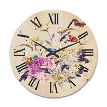 Designart 'Ancient Chrysanthemums With Bouquet I' Traditional Wood Wall Clock