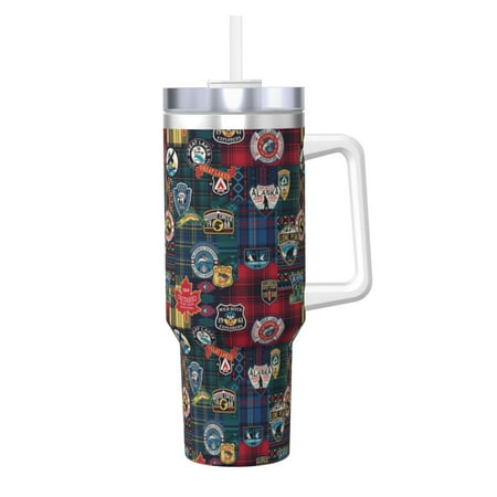

Fuzoiu Adventure Camping Badge Print 40OZ Ice Bully Stainless Steel Insulated Cup with Handle and Straw - Perfect for Travel and Sports