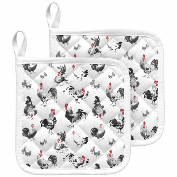 Farmhouse Chicken Pot Holders for Kitchen Heatproof Potholder, 2 Pack Retro Pastoral Feathers Animal Hot Pads Multipurpose Oven Pads Cloth Potholders Trivet for Cooking and Baking