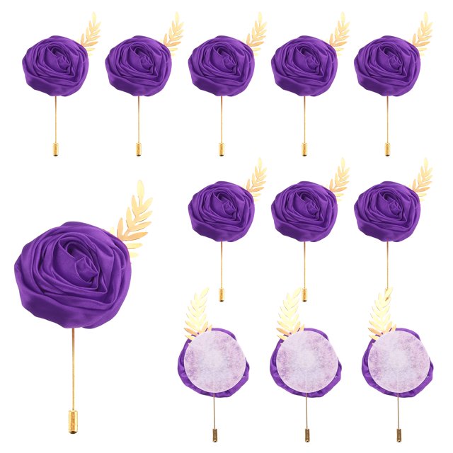 12 piezas de Ramo de Rosa Púrpura Oscuro Boutonnieres Botones de Flor con Hoja para Boda (4.7 x 2 Pulgadas)