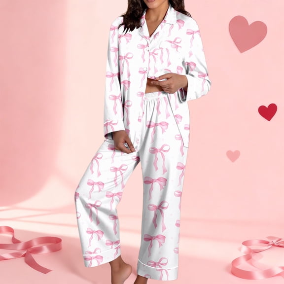 SOFTCCLO Valentine's Day Pajamas Sets Women Cute Pink Heart Print Pjs Sets Shirts Pants 2 Piece Sets Comfortable Sleepwear Pink L